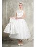 Ivory Satin Polka Dots Tulle V Back Tea Length Wedding Dress